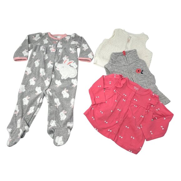Baby Girls - Rabbit Footie Pajamas Sherpa &‎ Quilted Vests, Print Cardigan - 6 M - Picture 1 of 11
